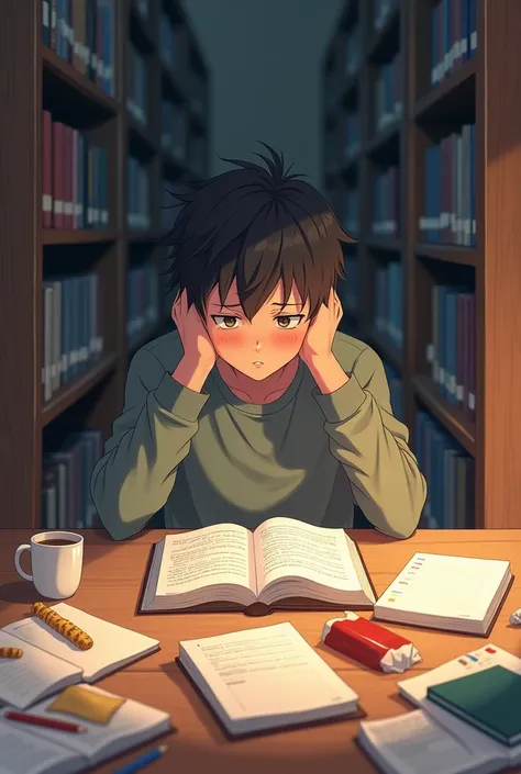 Scene:  A student in a library with open books and a tired face.
text: " Being a student can be exhausting ...  What about fast food ? Its not always the best option ." (Make it into anime)