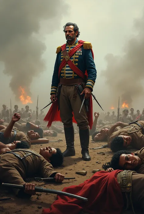 Imajen of Simon Bolivar on the battlefield with the rivals dead bodies on the ground