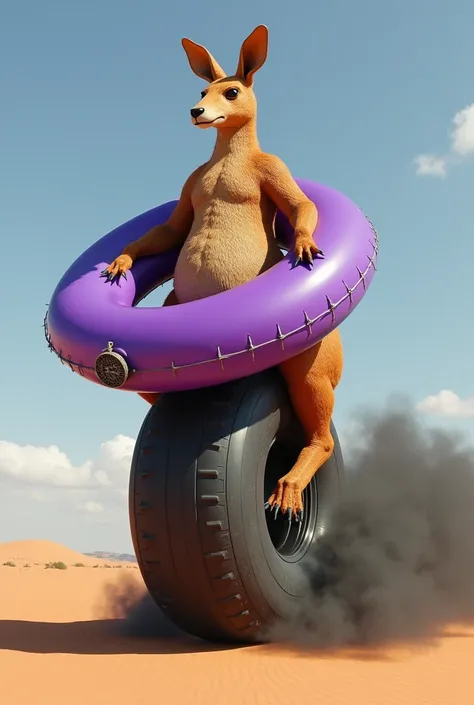 A Gigantic inflatable kangaroo with very Extremely huge Legs on the gigantic inflatable kangaroo becomes very large Wearing a Very EXTREMELY GIGANTIC Huge Large sized Big inflatable purple pool ring Floatie with exhaust pipes on the back of the inflatable ...