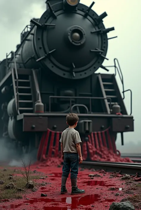 Boy is hit by a big black train and a lot of blood is dripping