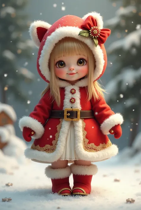 Na neve、Um gatinho usando um Kigurumi de boneco de neve está em péAn ultra-realistic oil-painted image of a cute baby smiling, with straight blond hair and bangs , she is standing,  wearing a Christmas dress in the color  #Designer D5EDB9 , a belt with gol...