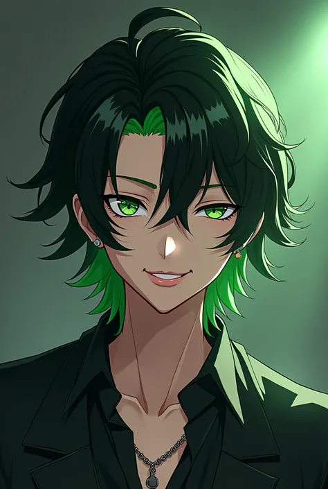 Un jeune homme beaux avec des cheuveux de couleur vert noir qui porte un menteaux style et qui a marque style a loeil gauche avec des cheuveux peu long en anime,balaise et impossant et qui sourie