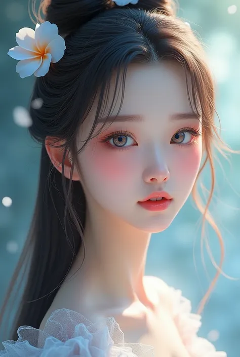 A very beautiful white girl with long hair ,  straight light brown hair ., , which is usually shaped half and half down, ,  halfway down, a hime-style haircut with a big bun of hair on the back. . Yunxi also wore one white flower on the left side of her ha...