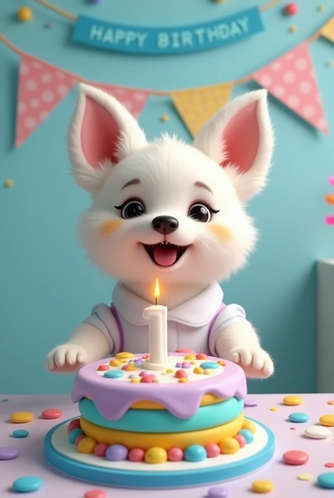 The image shows a moment of birthday celebration. Featured, there is a white dog with large colorful and droopy ears, the body also has some colors, lilac, yellow, blue, pink, green, brown and some colored body parts, with a happy white tunic, The little d...