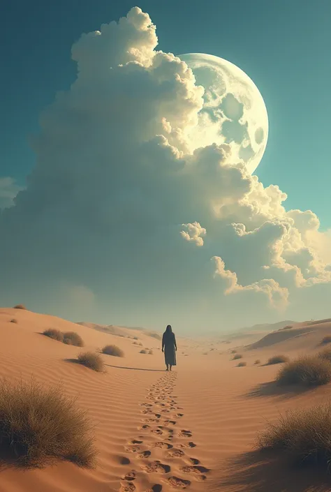 Draw a desert, a moon and a big cloud covering a quarter of the moon. There is a person walking away and he has seen his steps