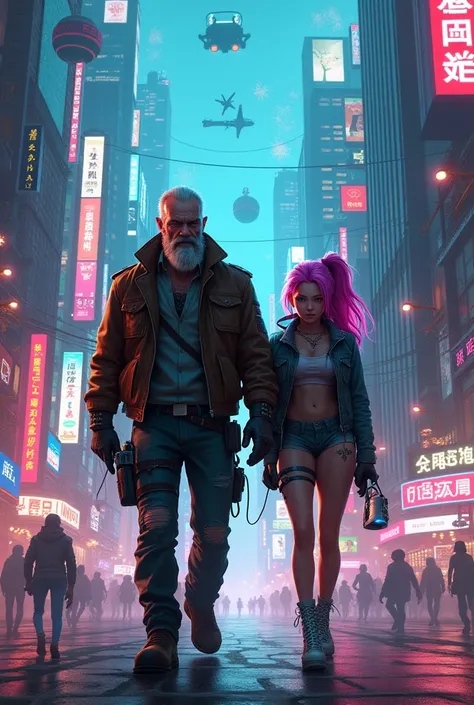 Middle-aged male biker with cute cyberpunk girl 