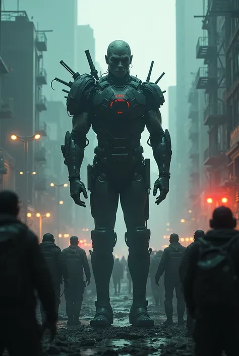 A powerful scene showing a transformed, cybernetic man standing before a crowd of rebels and downtrodden people in a grim, industrial city. The mans appearance is terrifying, with his body a mix of machinery and flesh. He leads with ruthless power, surroun...