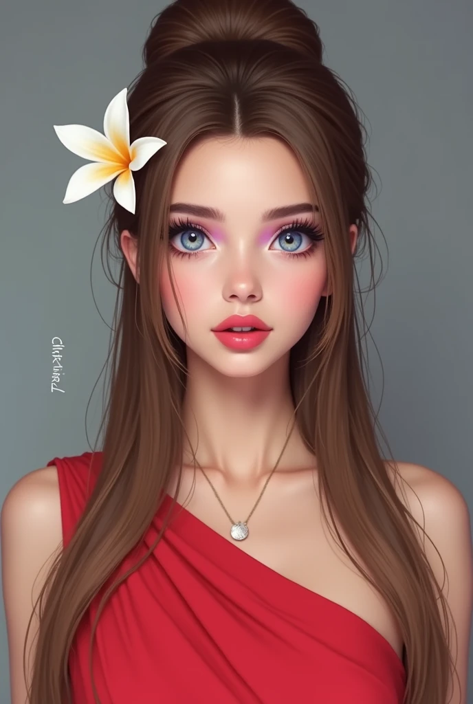 A very beautiful white girl with long hair ,  straight light brown hair ., , which is usually shaped half and half down, ,  halfway down, a hime-style haircut with a big bun of hair on the back. . Yunxi also wore one white flower on the left side of her ha...