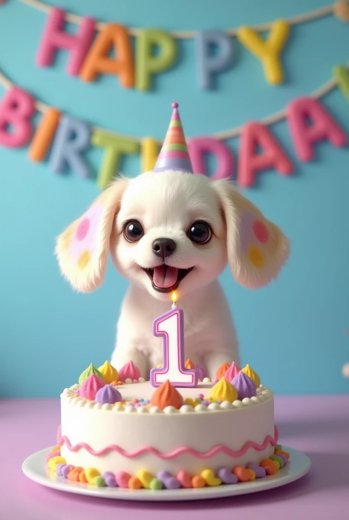 The image shows a moment of birthday celebration. Featured, there is a white dog with large colorful and droopy ears, the body also has some colors, lilac, yellow, blue, pink, green, brown and some colored body parts, with a happy white tunic, The little d...