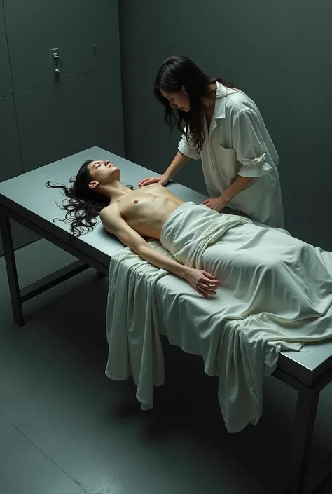 Dead  young beautiful man  very long hair nude lying on steel embalming table  being dress in satin shroud by barefoot female mortician  eyes closed eyes vlosed  full side view