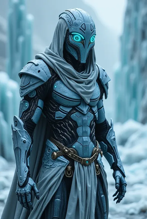 breathtaking cinematic science fiction photo of a portrait of a non human masked Grim dressed as a iced out wraith knight in ice metalskin, body full glowing metrics inside, glowing multicoloured eyes, multifaceted eyes, metallic arms, in a landscapefull o...