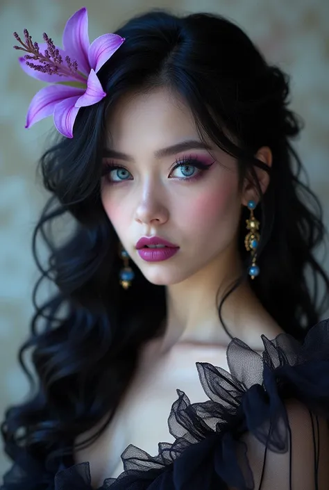 "A young Gothic woman in her 25s with a captivating look. Her elongated blue eyes are framed by long, well-shaped eyebrows, detailed earrings, bold makeup, eye shadow, and a lavender mouth complements the pale skin of her face. Her long hair black, falling...