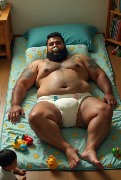  40 years old middle-aged Indian middle-aged man，Mafia Boss，Have a tattoo， Sturdy， has a belly ， lying on the babys playmat ， Wearing a baby diaper pad ，Pacifiers ， drool flowing down the outside of the pacifier ， scattered on the ground， Wearing a baby di...