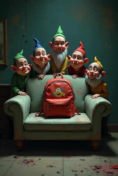 Faça uma  Snow White  sentada em um sofá de roupas rasgadas expondo nudez,   with the 7 dwarves behind the sofa in a circular row, with perverse looks looking at her naked , Now replace the character  " Snow White ",  with Dora the adventurers backpack