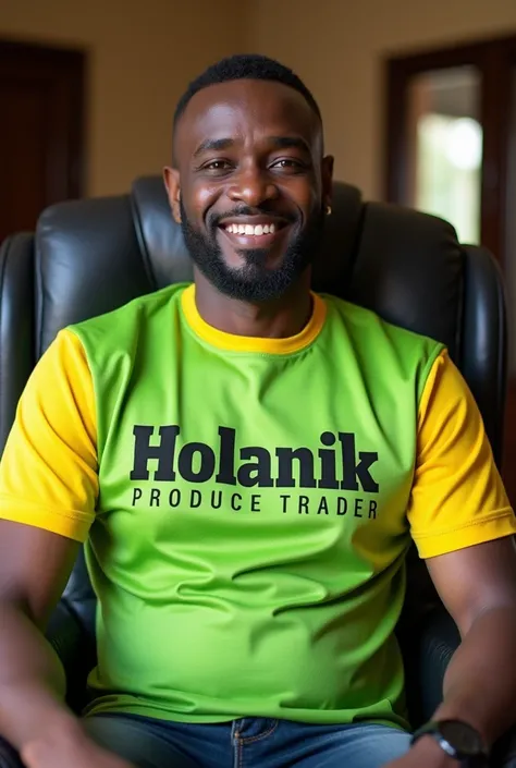 Portrait of the CEO of a Nigerian cocoa warehouse sitting in his beautiful office wearing a shirt coloured green and lemon with the inscription boldly written HOLANIK PRODUCE TRADER 