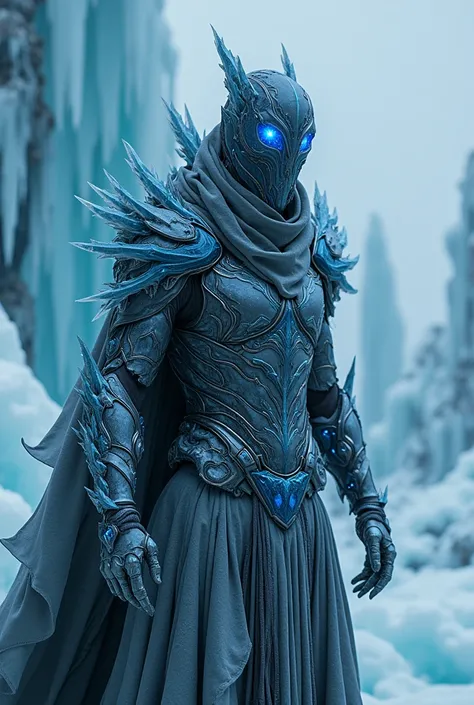 breathtaking cinematic science fiction photo of a portrait of a non human masked Grim dressed as a iced out wraith knight in ice metalskin, body full glowing metrics inside, glowing multicoloured eyes, multifaceted eyes, metallic arms, in a landscapefull o...