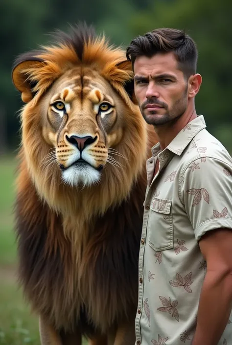 A man in a psht shirt walks next to a lion facing the camera