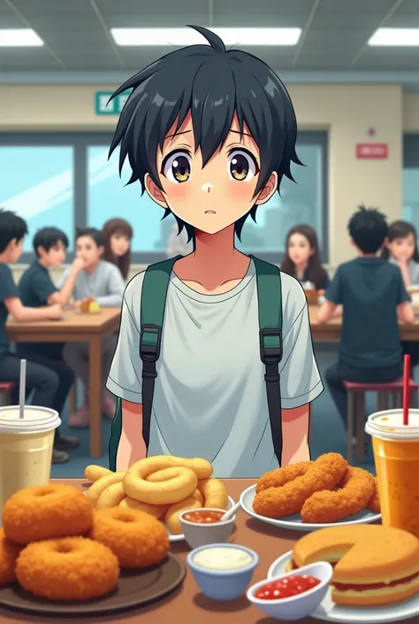 Make a student in the university cafeteria faced with unhealthy food options ( French Fries, soft drinks , etc.), looking with doubt .
(In anime)