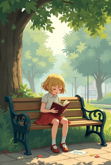 A girl(short blond hair color) young,  is sitting on a bench reading a book . Suddenly,  a boy runs by and accidentally drops a note .  She picks it up and sees that it is a drawing of a heart with the word “Maybe”.