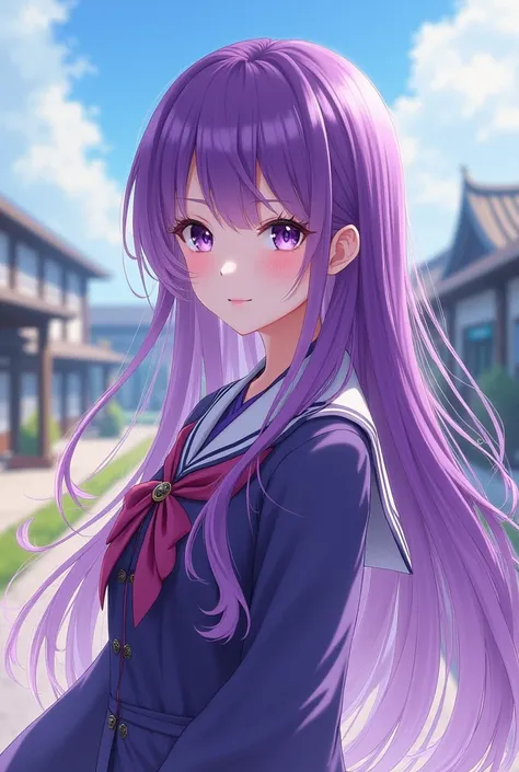 Woman wears school uniform purple hair purple eye color long hair 


