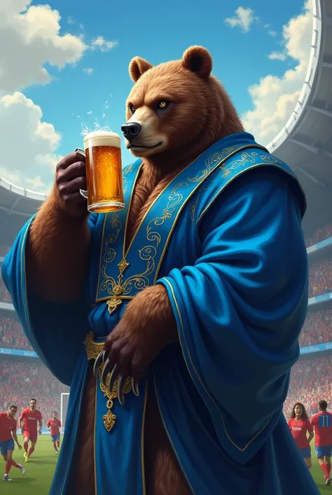 Strong and evil bear in blue blouse drinking beer together with a muscular wizard in blue at the soccer stadium 