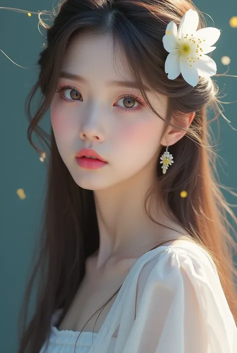 A very beautiful white girl with long hair ,  straight light brown hair ., WHICH IS USUALLY ARRANGED IN A CUTE PLAIN SHAPE, YUNZI ALSO WEARS ONE WHITE FLOWER ON THE LEFT SIDE OF MY HAIR... , Yunzi had big, expressive light pink eyes. Well, with long eyelas...