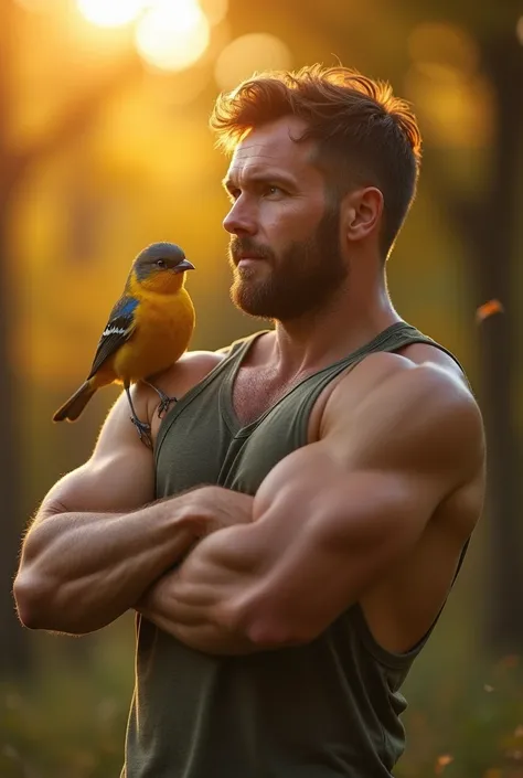 A charming close-up portrait， shows a burly personal trainer who met you ，A man as tall as a mountain ， who will use his unconventional methods and arrogant attitude to turn you into a beautiful little bird， and is illuminated by soft golden light on a qui...