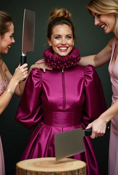 (realistic photograph sideways close up), (a happy willingly bend over beautiful Caucasian lady with (messy hair bun) and wearing (excessive shiny fuchsia silk dress with (long gigantic puff sleeves), (and with an ultra high tight stand-up collar up to her...