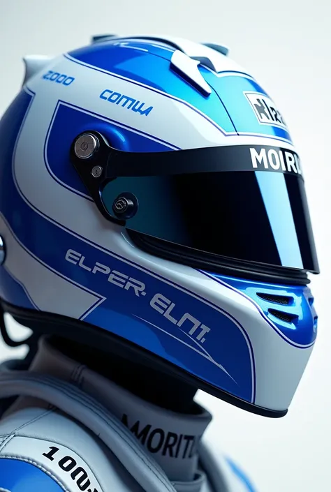 An F1 helmet based on the colors blue and white with a paint that refers to speed 