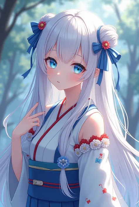 " An anime-style female character with long white hair ,  decorated with two cokes adorned with blue bows and delicate details .  She has large, bright blue eyes ,  with a soft and introspective expression .  Her skin is light brown , with a radiant and so...