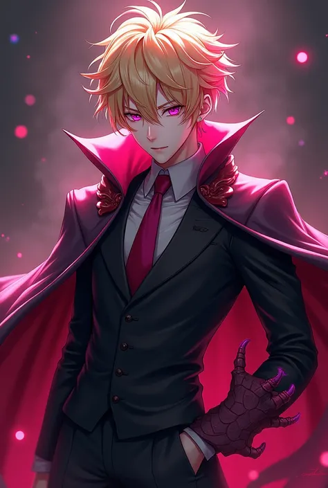 Attractive boy with horns ,  blond hair and fuchsia tufts ,  also his arms are those of a dragon with nails and red skin ( only arms the rest of his normal skin color ) She wears a black suit and a cape that is red inside in the style of the anime Kobayash...