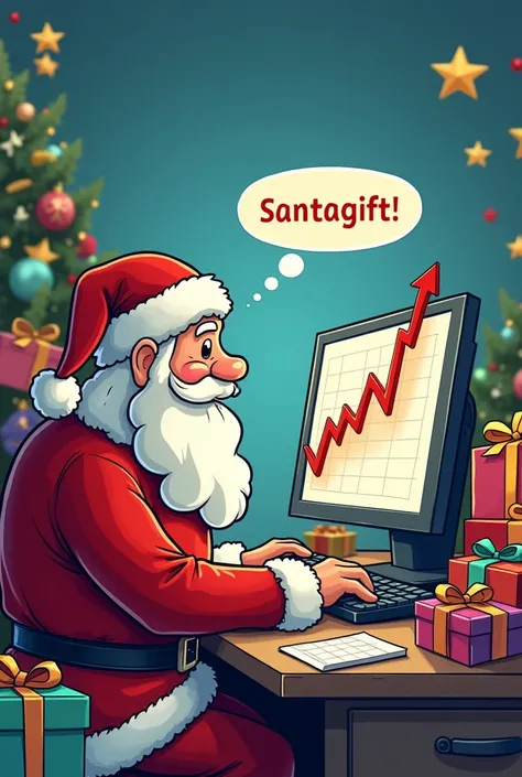 create me a image of santa looking at the monitor with ascending crypto chart with a lot of gifts around him and make Inscription in a cloud above his head saying “Getting rich” make it more like in cartoon style and make the chart visible and there on the...