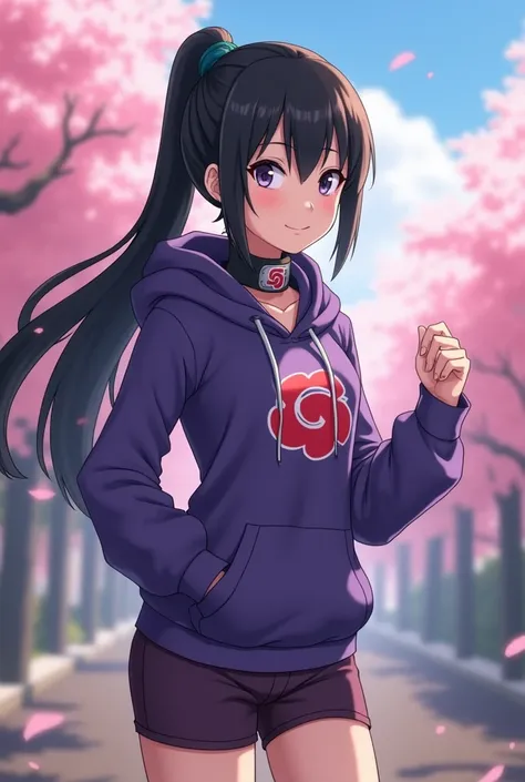 Realistic 1 korea girl taking costplay of hyuga hinata in anime naruto, long straight hair, black hair, pony hair, (((white eyes:1.4))), white pupils, smile, beautiful, (purple white hoodie), short purple pant, (short pant), (very big breast), ((neckband))...