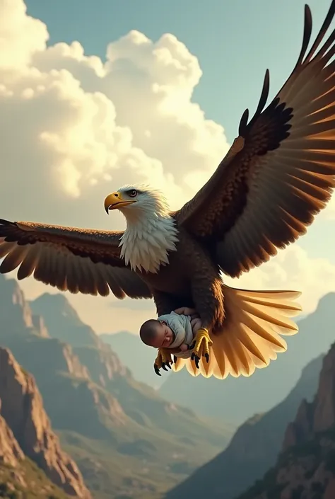 Create a realistic cinematic image of an eagle with a baby