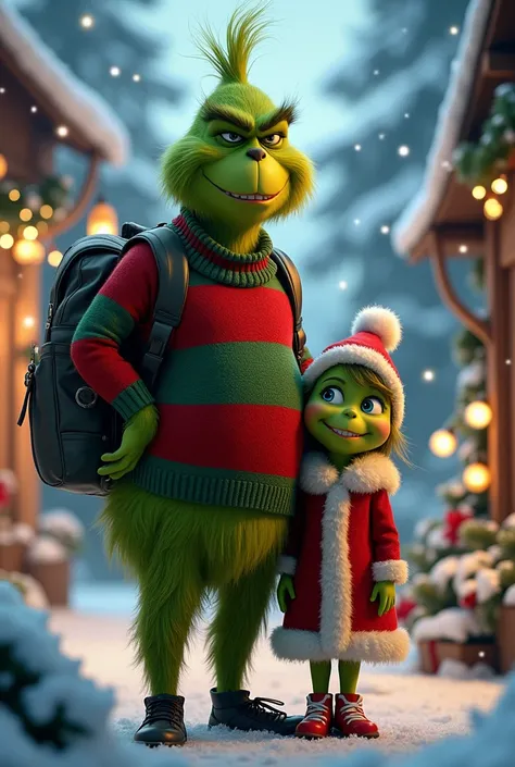 Create a poster 4k extremely detailed of grinchs mignon with his daughter ultra réaliste et détaillé . Habillé thème Noël 

Thème GRINCH with daughter ultra réaliste et détaillé ET NOËL. 