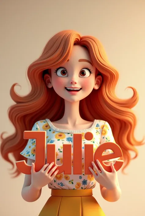 a picture of 3D cute girl with long roux hair wears flower blouse is holding big letters of Julie 