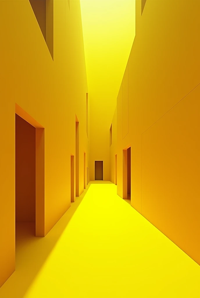 A Liminal Labyrinth.  With yellow walls ,  a yellow carpet that extends everywhere.  It seems out of reality . Some doors , small or large holes can be seen in the walls.