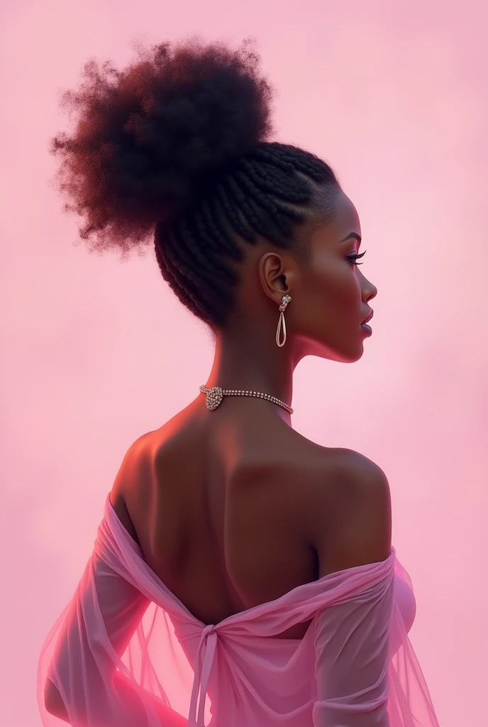 Generate a back view portrait of a young black woman with a pink aesthetic 