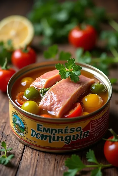  Canned tuna preserve  , with only morron vegetables and coriander that has the name Frescuras de Sur ,Empresa Dominguez Preserves .