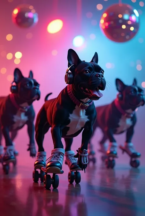  A photograph of a roller skate disco with black bulldogs ,  each wearing 4 roller skates and skates .  Some of them wear headphones .  The picture has depth and a sparkling disco ball hangs in the middle of the top half of the picture. It reflects colored...