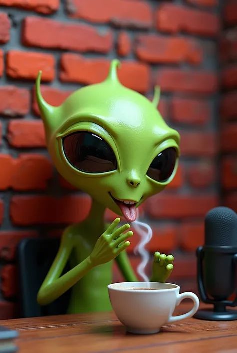 Green male cartoon alien, drinking hot cofee, in front of a Red and Black Brick wall! Beside of the alien is a black microphone. 