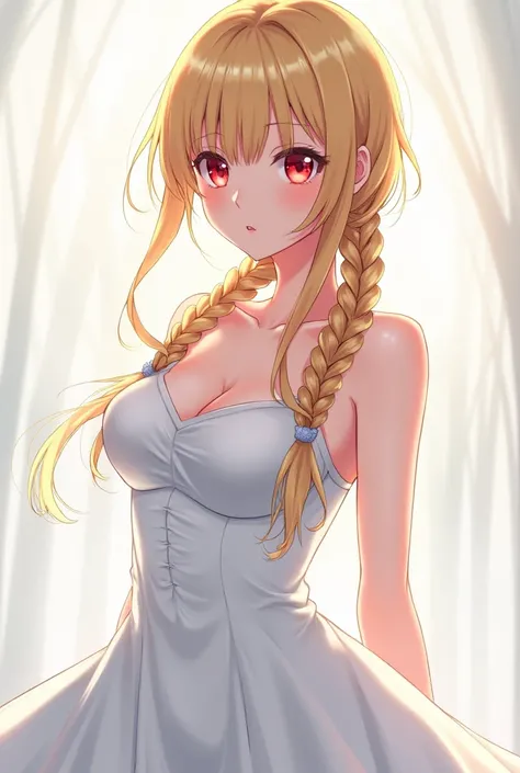 A blonde anime girl with her hair tied in braids hangs around her neck with red eyes with big breasts and a white dress 