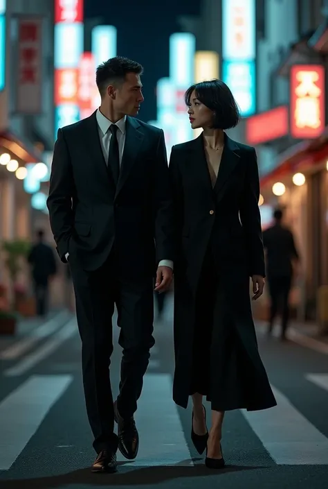  create realistic image of a white man , short hair loiro,  Blue Eyes , muscular , wearing elegant black clothes , gangster style ,  walking alongside an oriental woman  , short hair, dressed as an executive  , elegant black clothes,  and member of the Eas...