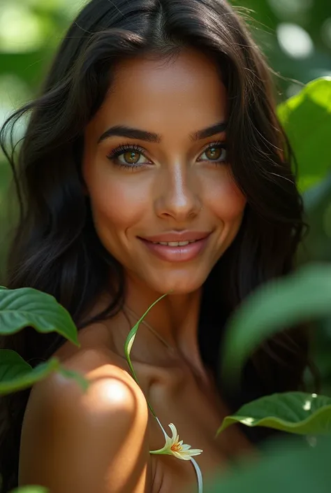  A Brazilian woman in a lush tropical garden,  with a close up capturing the harmonious beauty between her breasts and natural flowers,  showing your natural charm and outgoing personality.