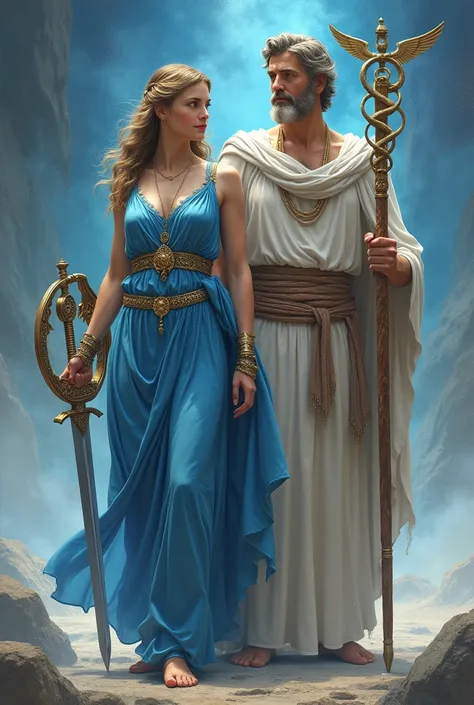 I want Hermes and athena 

I meed athenas dress blue and Hermes wearing decent clothes 

And athena holding her sword and shield 
 
And Hermes holding Caduceus that feature s two snakes winding around it with a wing 