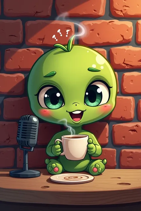 Cute male, Cartoon like, Green Alien, drinking hot Coffee, in front of a Red and black Brick wall, sitting next to a black microphone. 