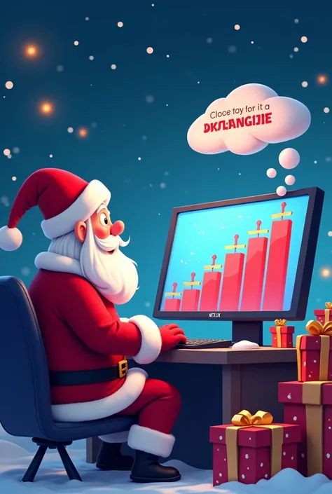 create me a image of santa looking at the monitor with ascending crypto chart with a lot of gifts around him and make Inscription in a cloud above his head saying “It’s impossible ” make it more like in netflix cartoon style and make the chart visible and ...