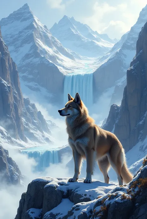 A dog on snowy mountains with waterfall 