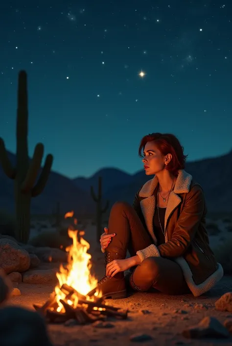 red-haired woman in her mid-20s  huge breasts sitting next to a warm campfire in the Mojave Desert at night. She wears a stylish shearling jacket, boots, and is gazing thoughtfully at the star-filled sky. The temperature has dropped significantly since the...