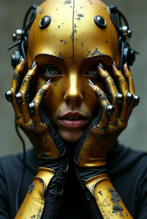 Close-up of a person wearing a gold metal mask and a pair of hands, with metallic nails, symmetry!! Portrait of a cyborg, detailed portrait of a cyborg, cyberpunk gold metal band, gothic cyberpunk style, cyberpunk horror, scratched. biomechanical cyborg, n...